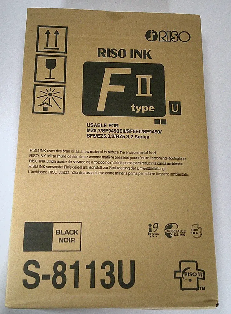 Riso Ink FII Type U S-8113U Black Ink 2 Cartridges New Old Stock